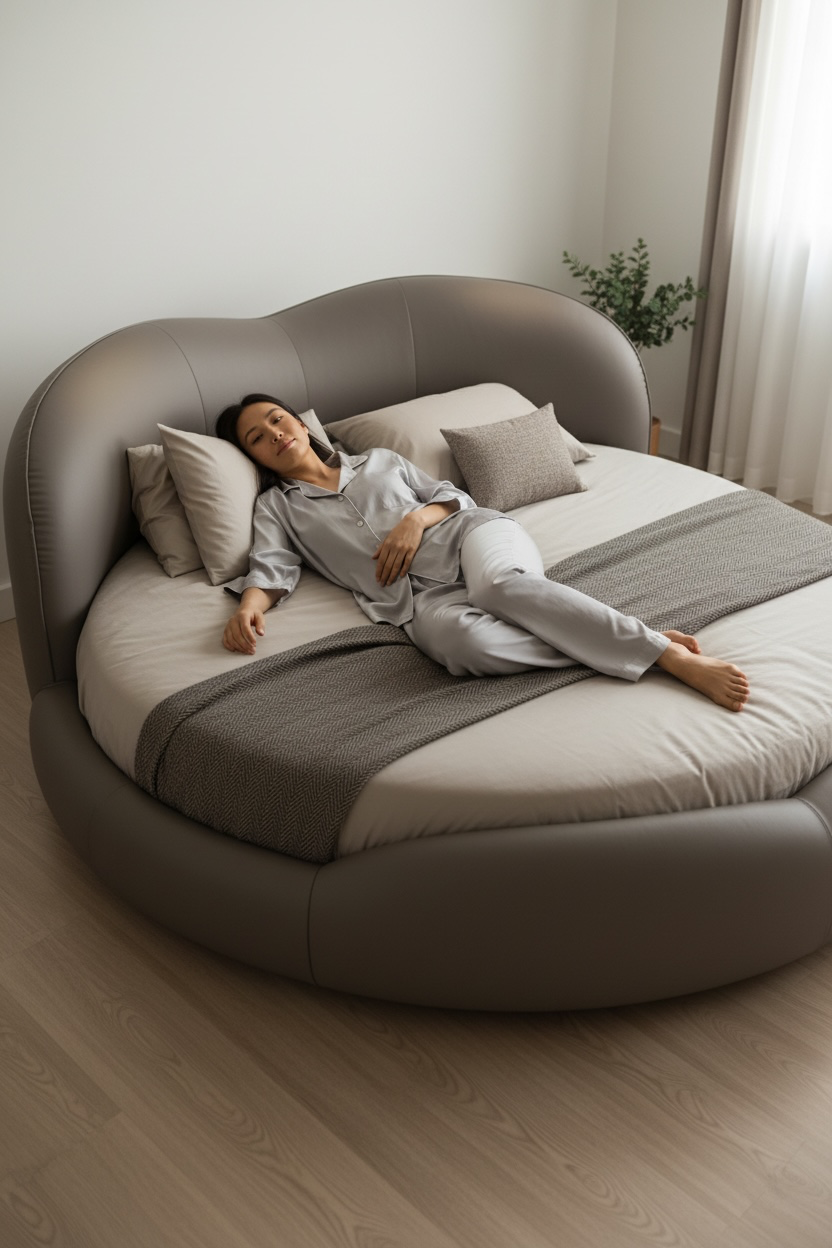 Lit Rond King size “ORACLE” en Cuir véritable, Conception Unique