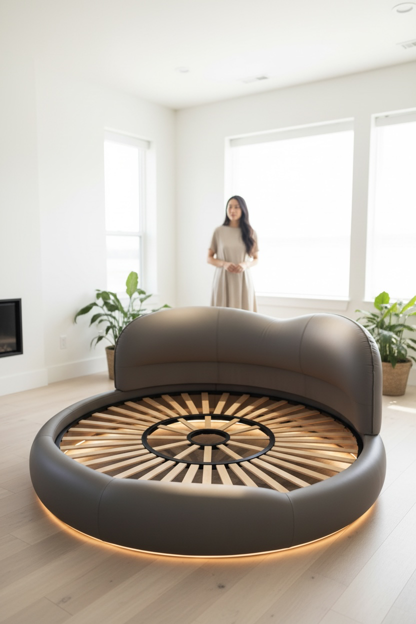 Lit Rond King size “ORACLE” en Cuir véritable, Conception Unique