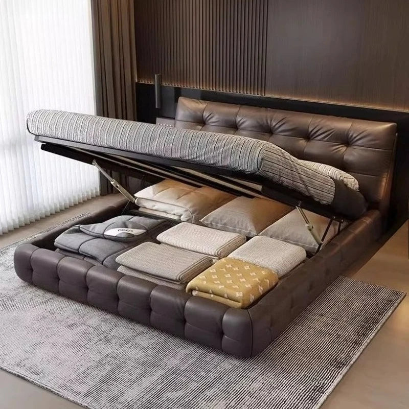 Lit “SPECTACULAIRE” en Cuir véritable au Design Unique et Luxueux avec Coffre de Rangement
