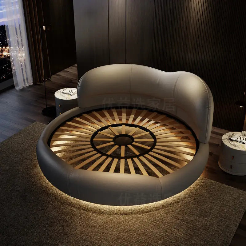 Lit Rond King size “ORACLE” en Cuir véritable, Conception Unique