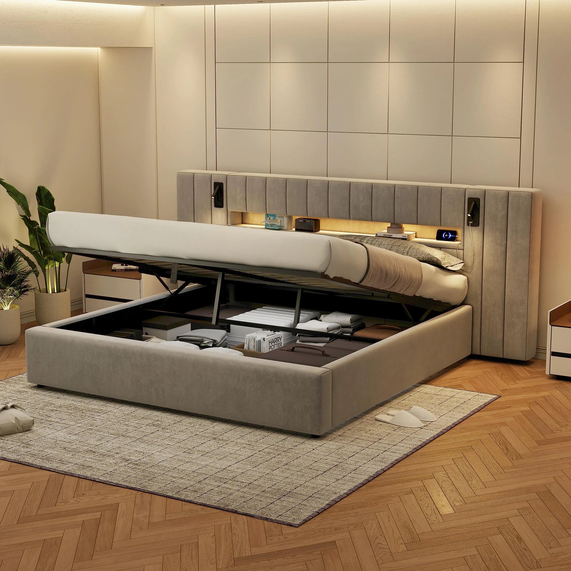Lit en velours “AVA” avec Coffre de Rangement, Port USB, LED et Lampes de chevet intégrées