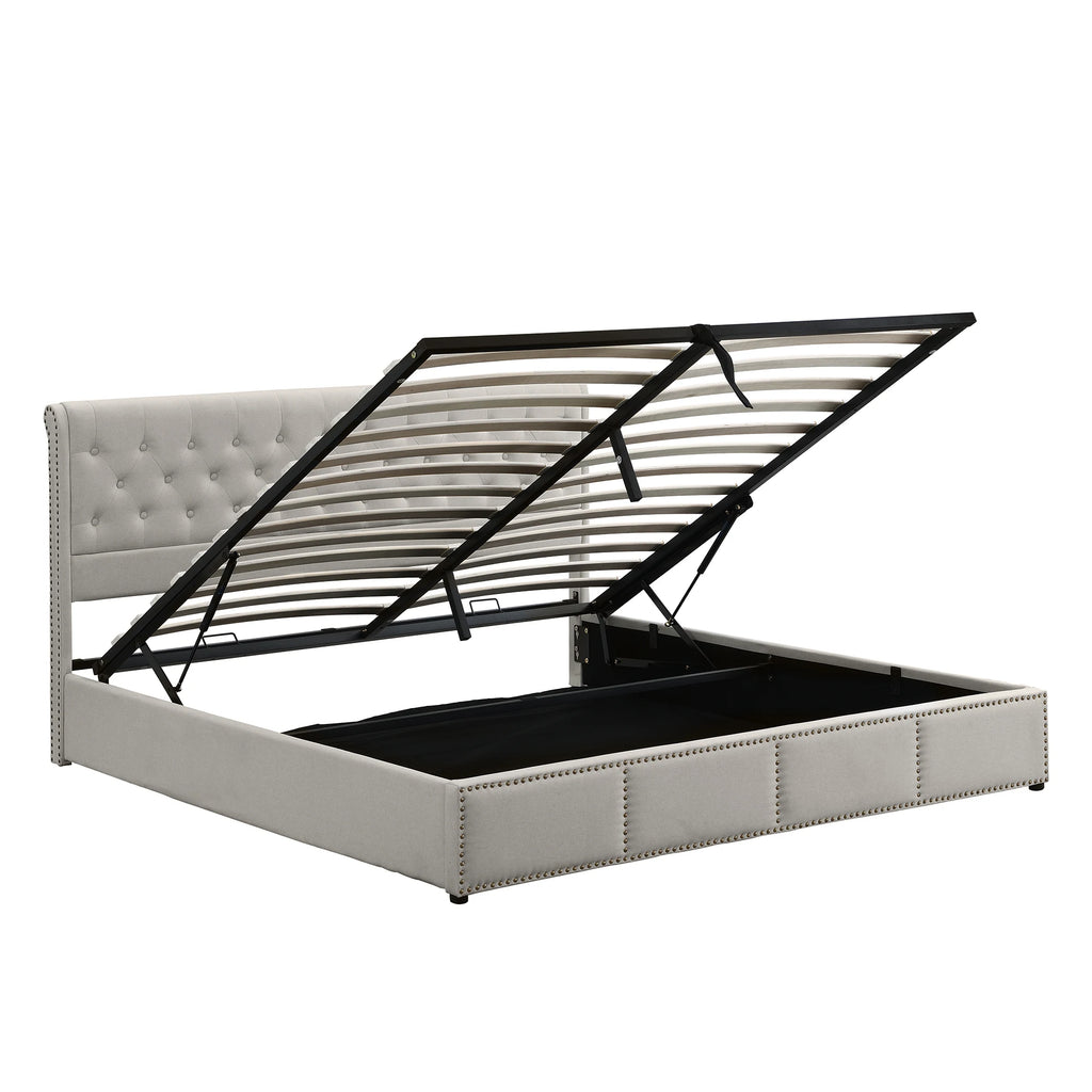 Lit “MIRAGE” en coton et lin, levage hydraulique et coffre de rangement