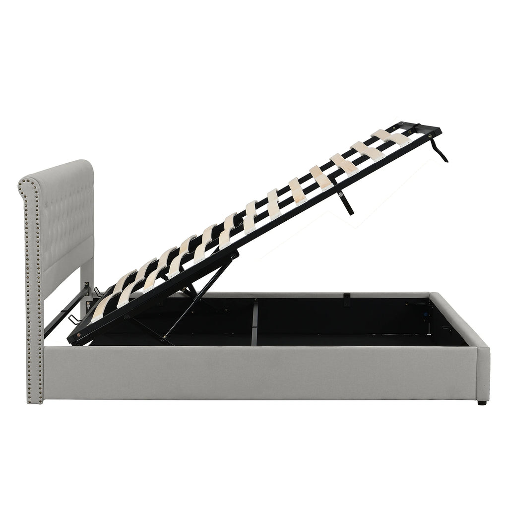 Lit “MIRAGE” en coton et lin, levage hydraulique et coffre de rangement